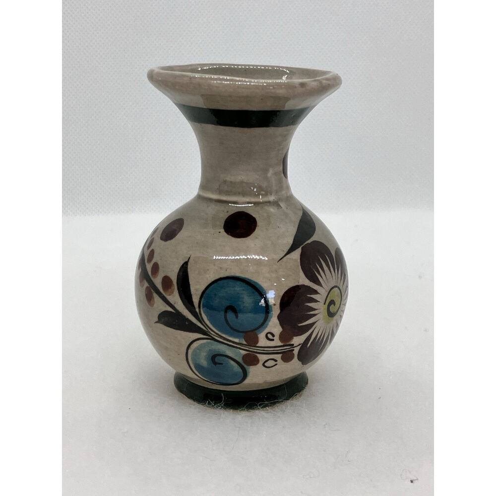 Collectible Mexican Tonala Small Hand Painted Pottery Vase Floral Design 4”